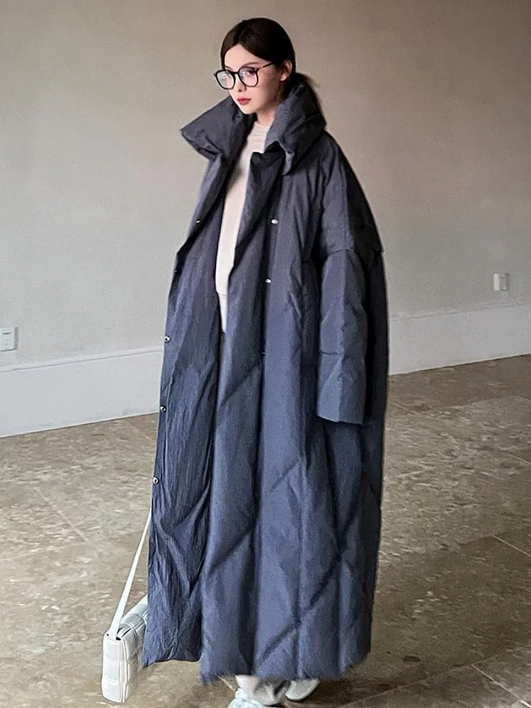 Women's large size mid-length winter coat, loose fit, zip front, available in black and gray, Korean style