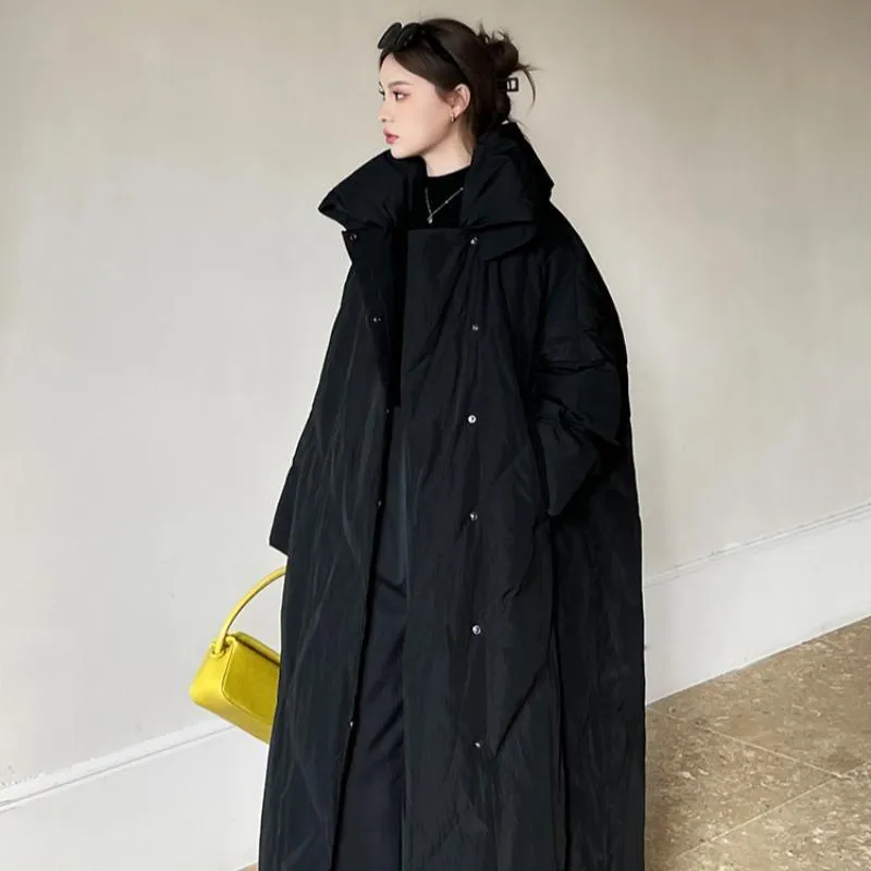 Women's large size mid-length winter coat, loose fit, zip front, available in black and gray, Korean style
