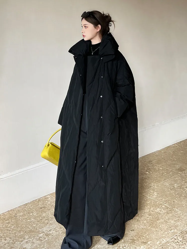 Women's large size mid-length winter coat, loose fit, zip front, available in black and gray, Korean style