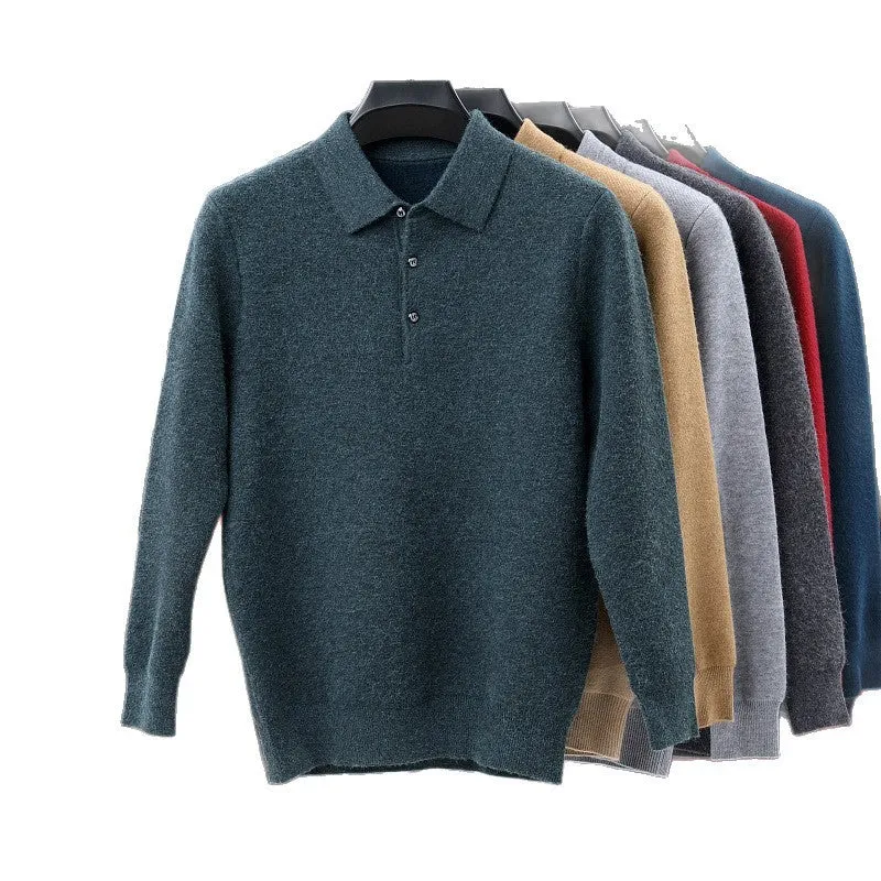Men's turn-over collar polo shirt knitwear in fancy twill camel with long sleeves