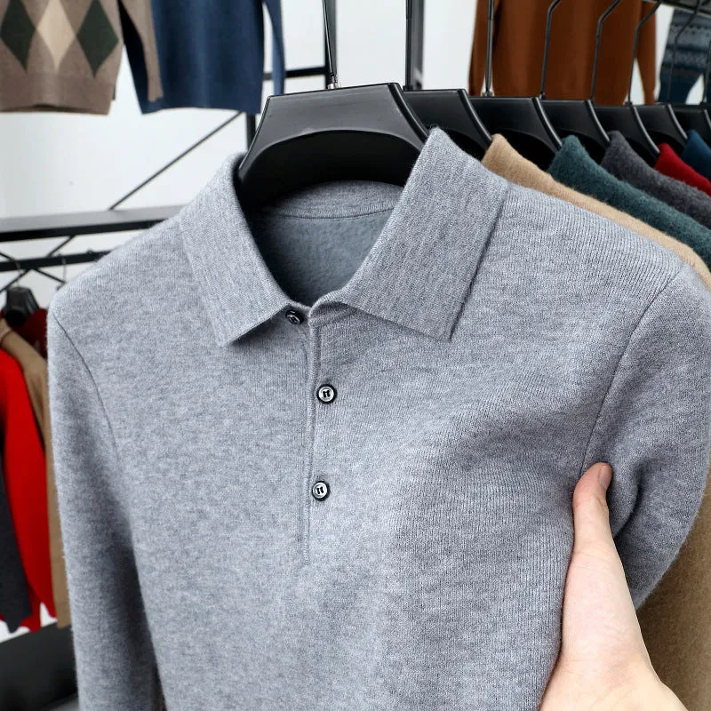 Men's turn-over collar polo shirt knitwear in fancy twill camel with long sleeves