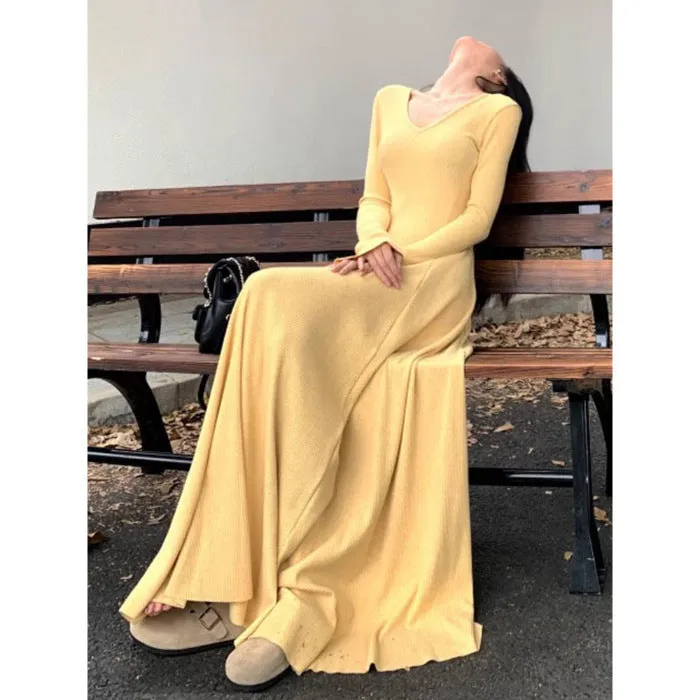 Knitted women's high waist hooded long sleeve dress in solid colour with splicing detail