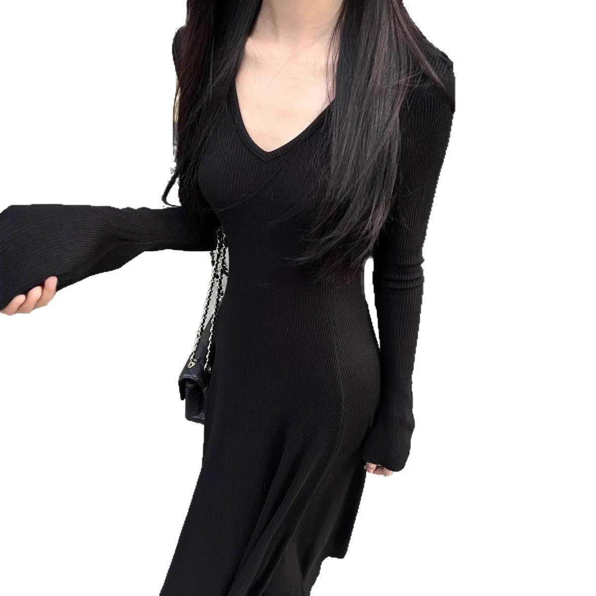 Knitted women's high waist hooded long sleeve dress in solid colour with splicing detail