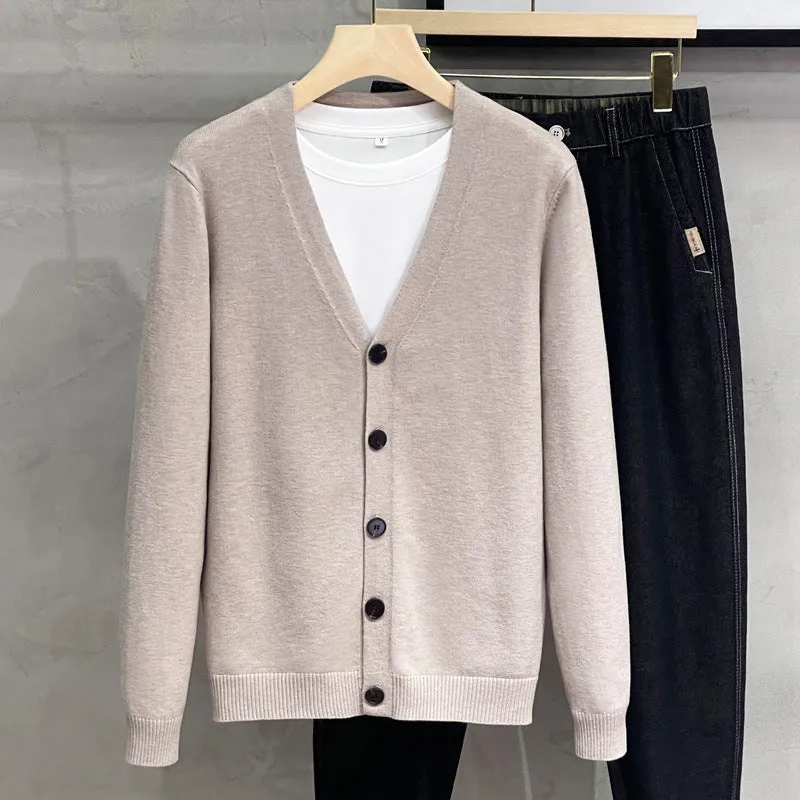 Men's cotton knitted cardigan sweater coat in black, V-neck, long sleeves, loose fit, winter casual wear.