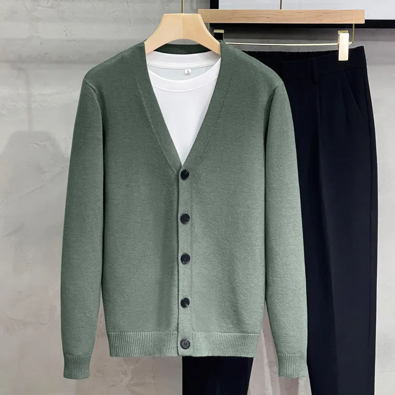Men's cotton knitted cardigan sweater coat in black, V-neck, long sleeves, loose fit, winter casual wear.