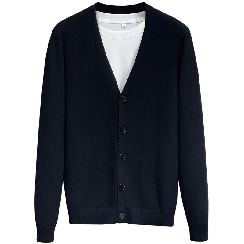Men's cotton knitted cardigan sweater coat in black, V-neck, long sleeves, loose fit, winter casual wear.