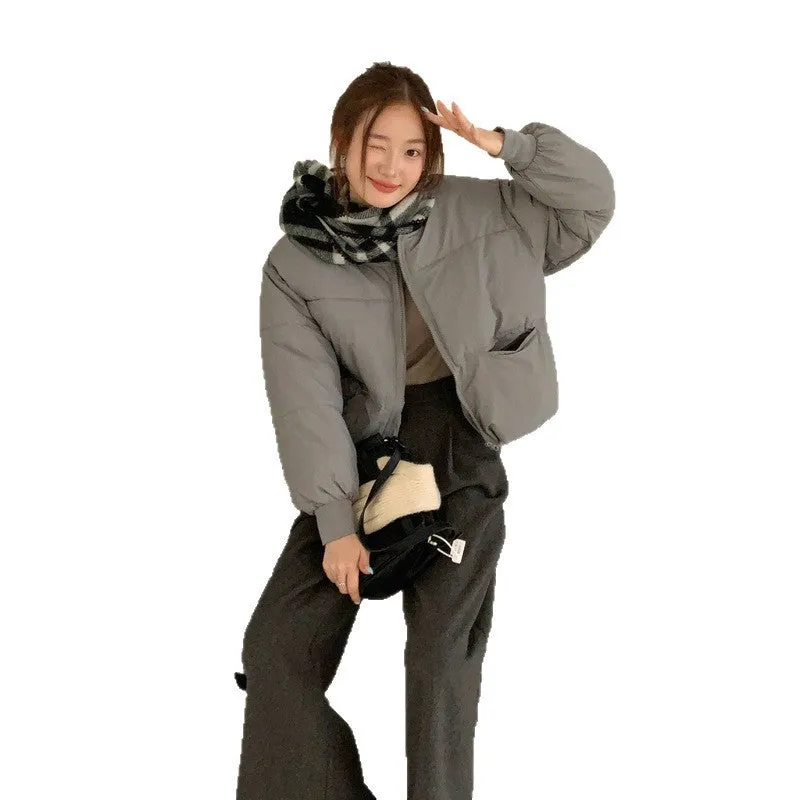 Gray short down jacket for plus size women with loose fit and pockets