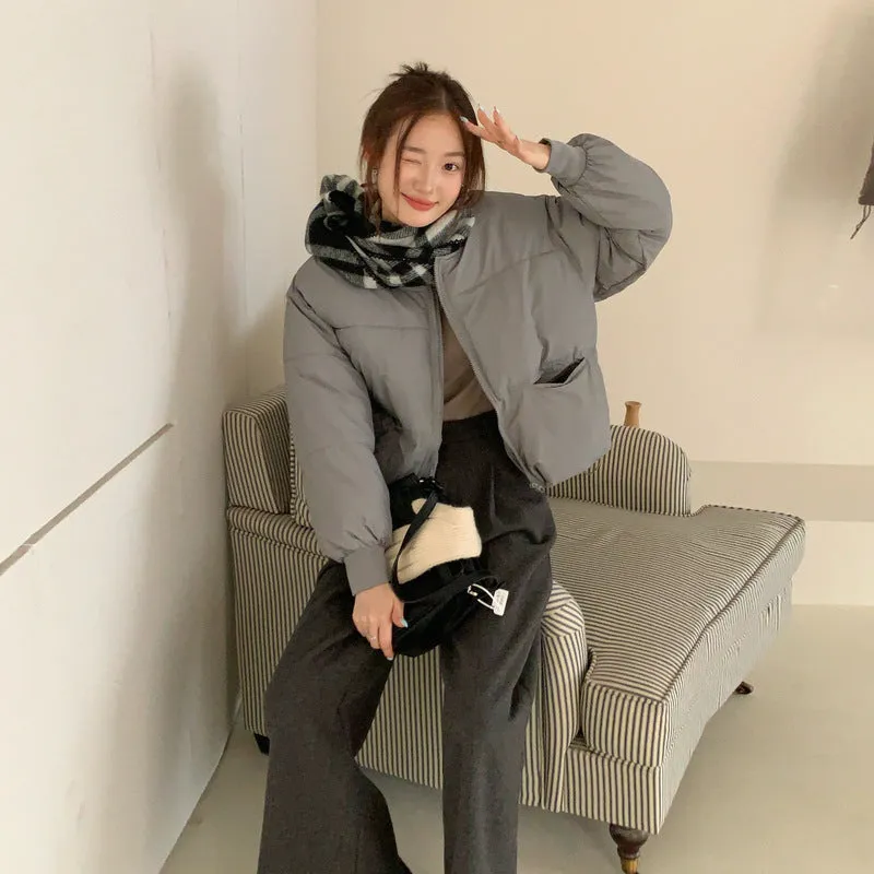Gray short down jacket for plus size women with loose fit and pockets