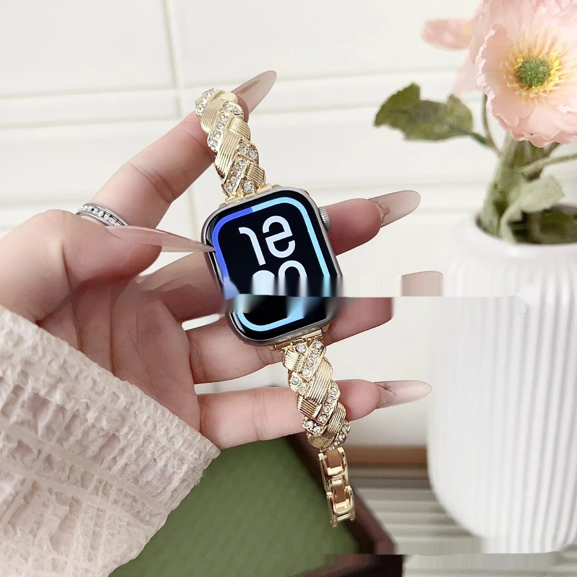 Zinc alloy Apple Watch strap with twist diamond design in five colour options for iPhone compatibility