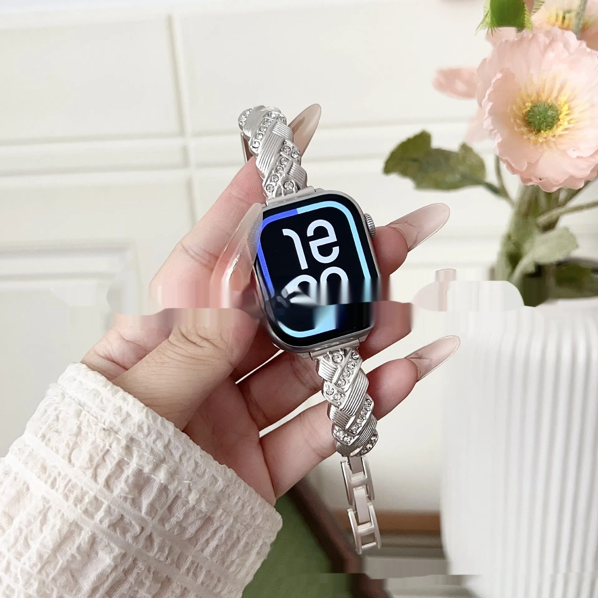 Zinc alloy Apple Watch strap with twist diamond design in five colour options for iPhone compatibility