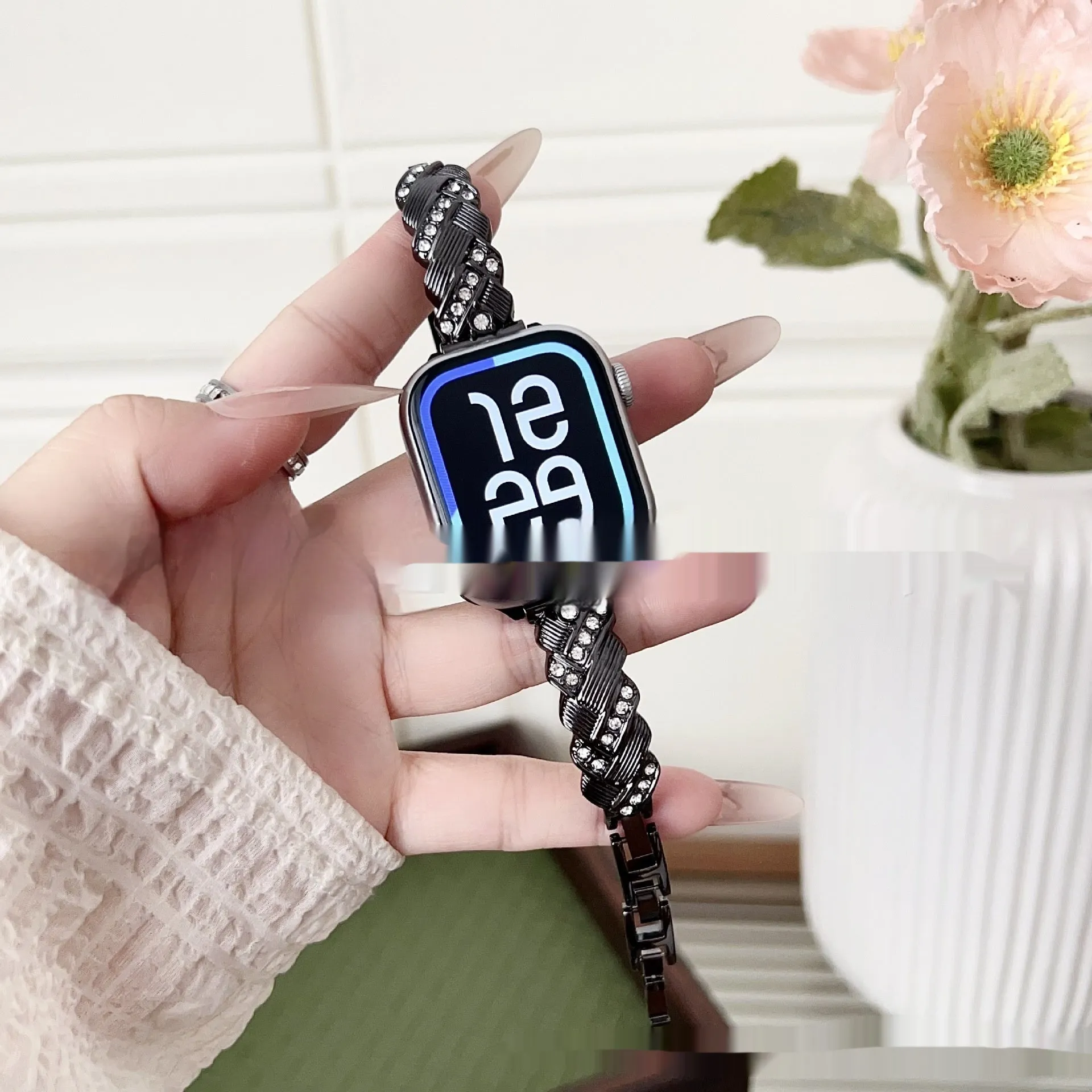 Zinc alloy Apple Watch strap with twist diamond design in five colour options for iPhone compatibility