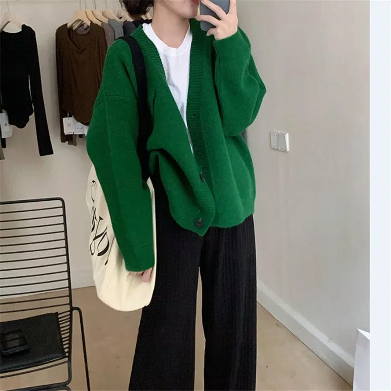 Loose solid colour cardigan top for women, long sleeves, available in khaki black gray green
