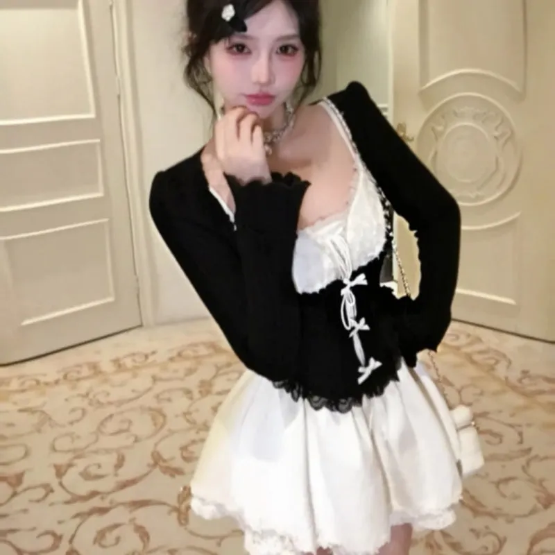 Women's two-piece princess style lace suspender dress suit with knitted blouse and skirt in beige