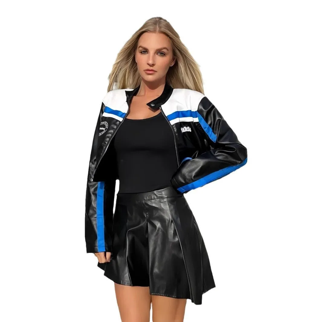 Women's striped zipper coat short street style long sleeve jacket black red colour