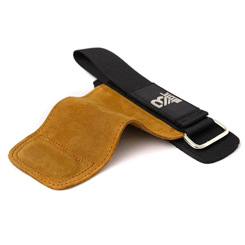 A pair of brown fitness wrist protector bands for grip strength and pull-up support.