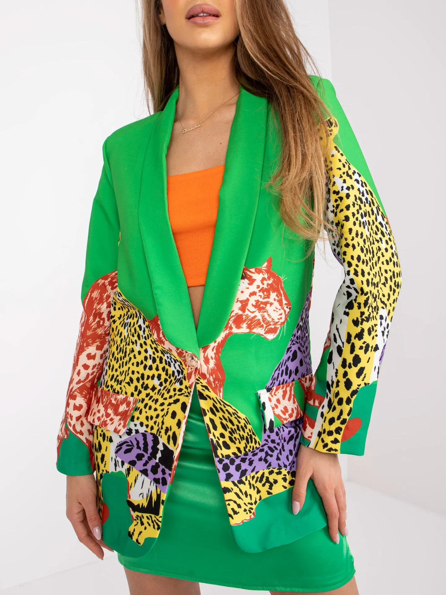 Leopard print contrast colour slim fit long suit jacket for women, 65cm, with pocket, black colour