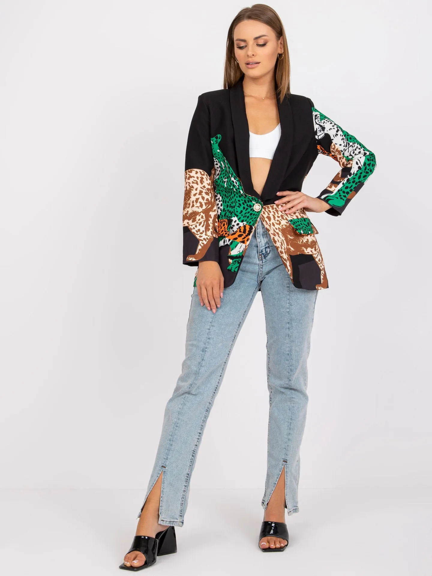 Leopard print contrast colour slim fit long suit jacket for women, 65cm, with pocket, black colour