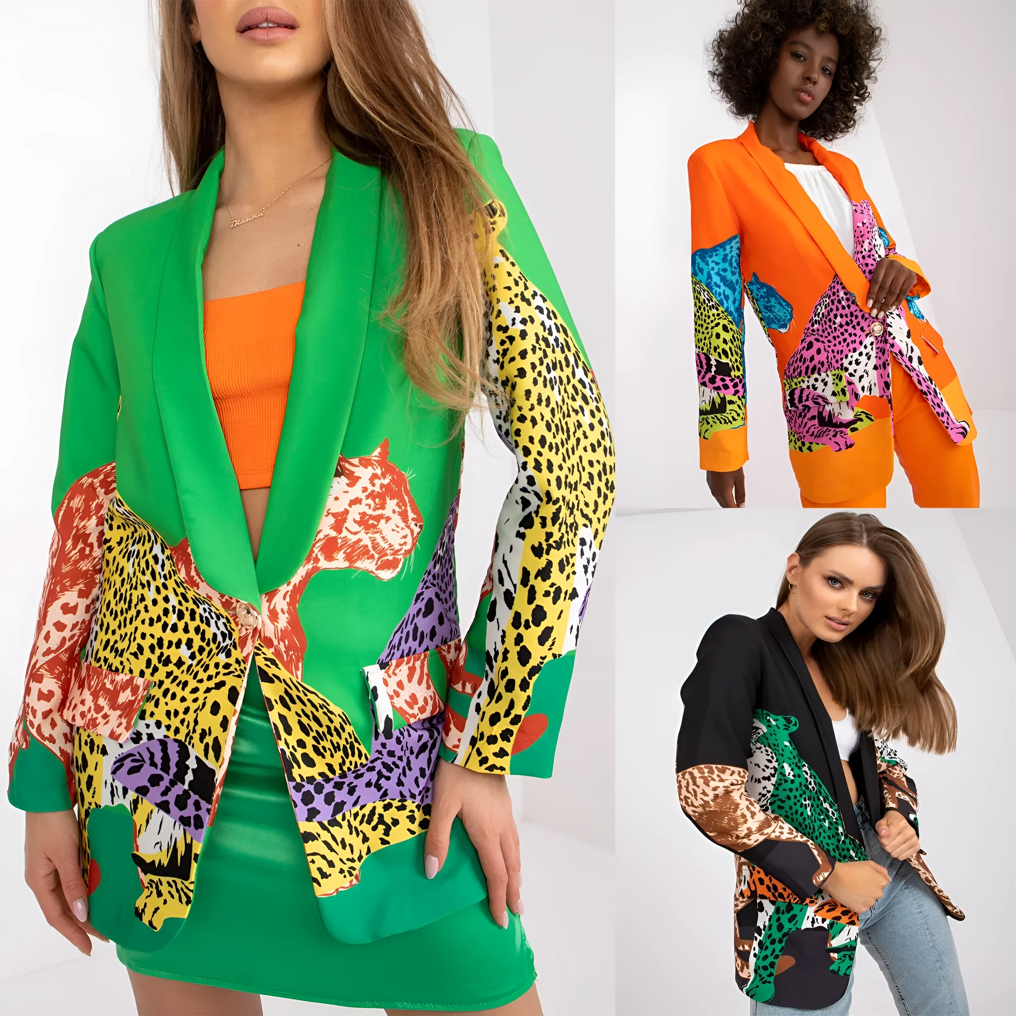 Leopard print contrast colour slim fit long suit jacket for women, 65cm, with pocket, black colour