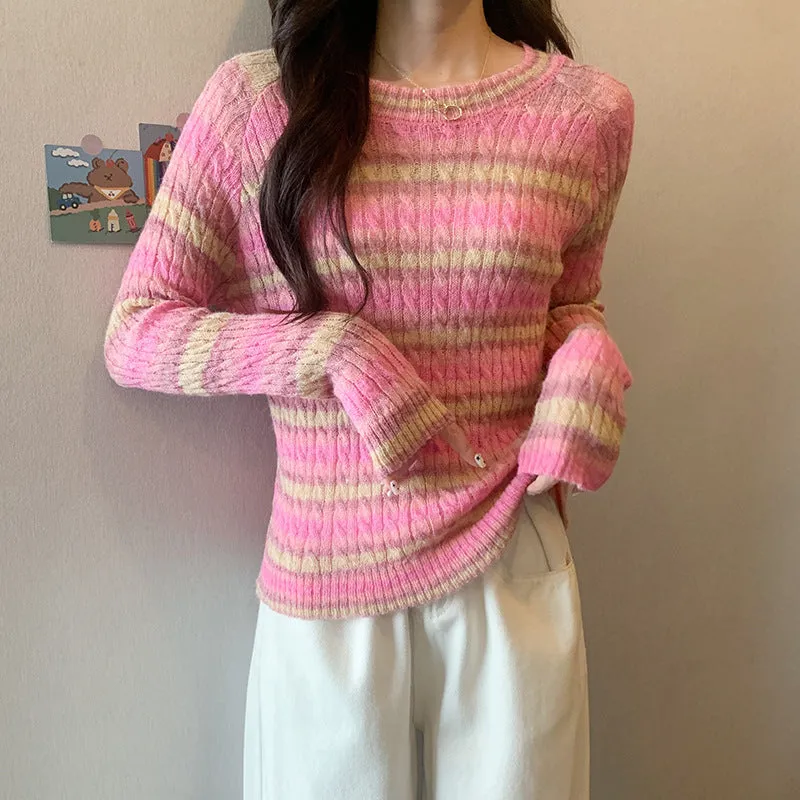 Striped round neck pullover sweater for women slim fit long sleeve embossing knit in pink