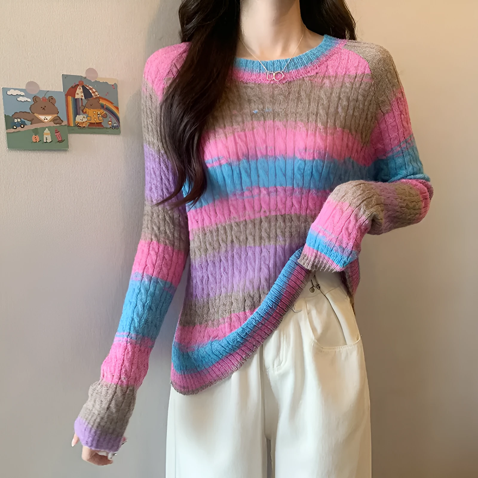 Striped round neck pullover sweater for women slim fit long sleeve embossing knit in pink