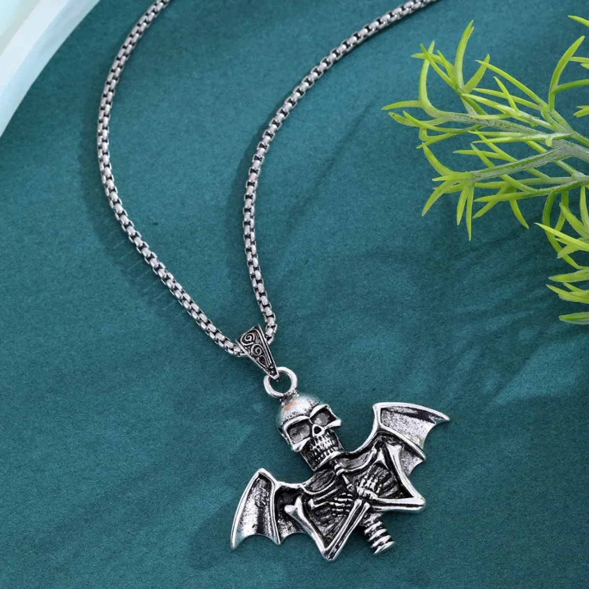 Angel skull retro punk men's collarbone chain necklace in stainless steel, silver-tone finish on dark background