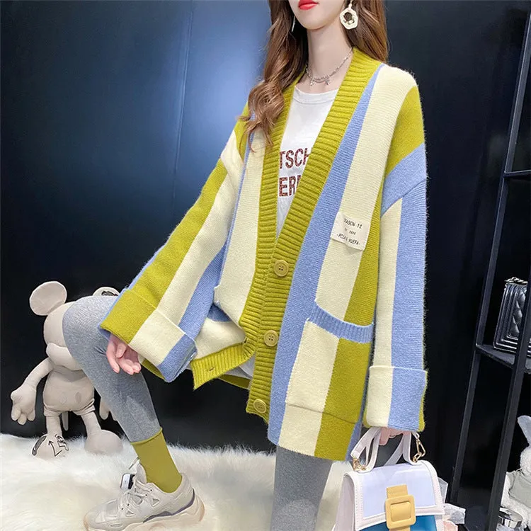 Striped colour stitching knitted cardigan for women, loose fit, long sleeves, available in green pink colourway