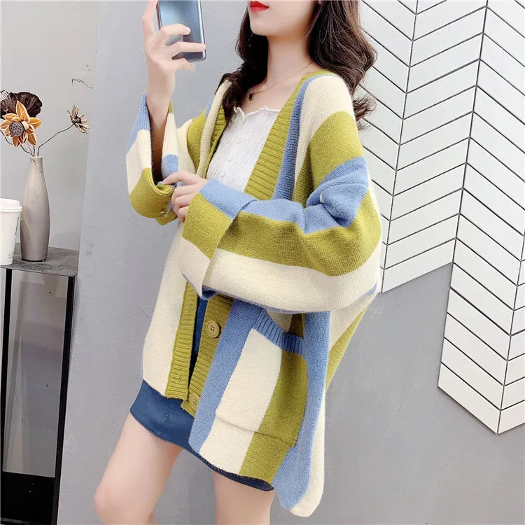 Striped colour stitching knitted cardigan for women, loose fit, long sleeves, available in green pink colourway