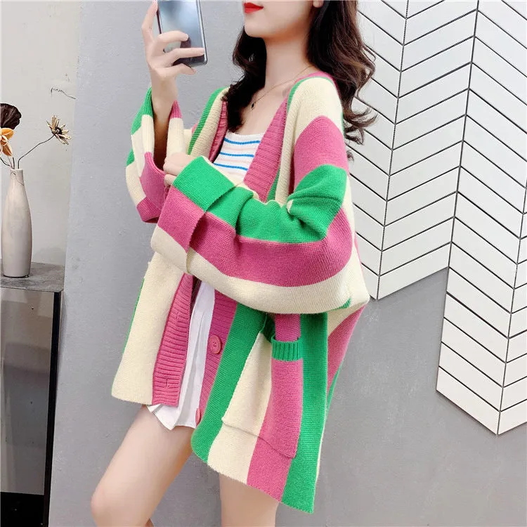 Striped colour stitching knitted cardigan for women, loose fit, long sleeves, available in green pink colourway
