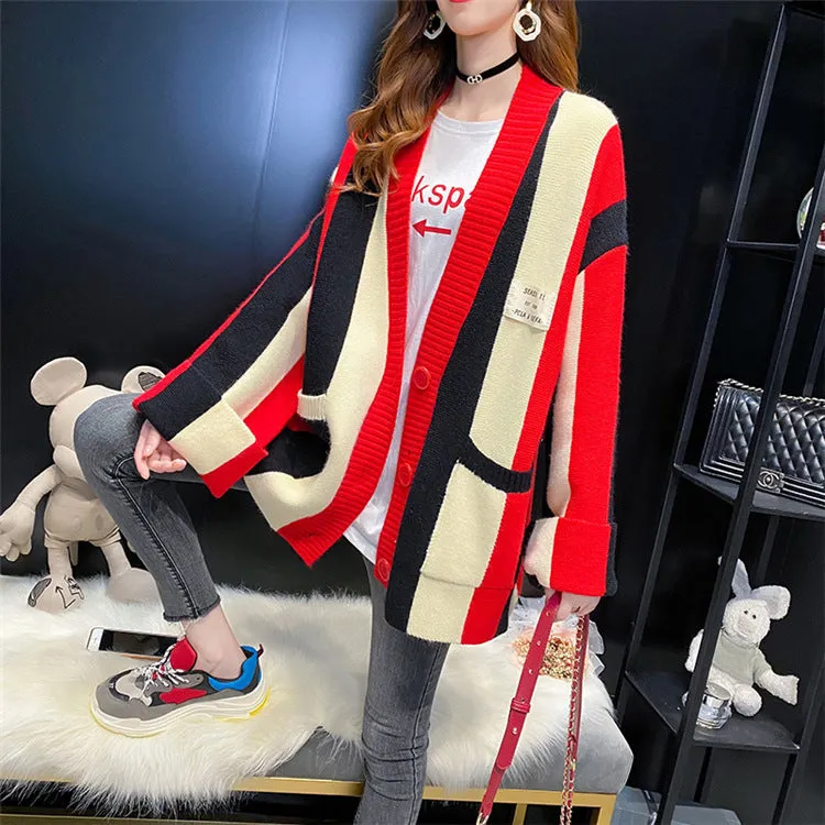 Striped colour stitching knitted cardigan for women, loose fit, long sleeves, available in green pink colourway