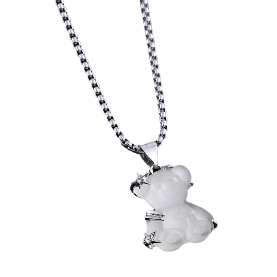 White K-color alloy bear pendant on titanium steel lock chain necklace