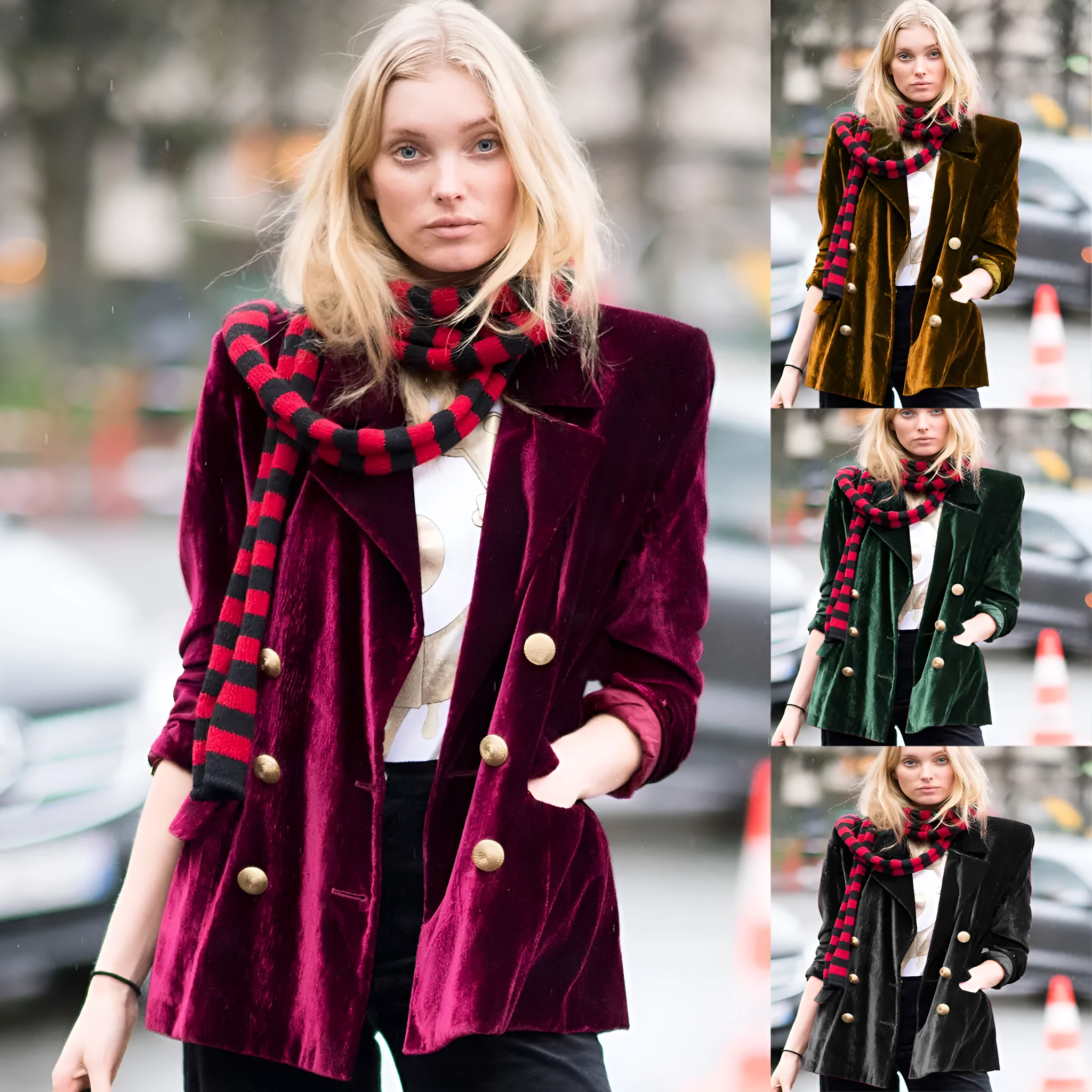 Women's mid-length loose fit suit coat with pockets in black, wine red, dark green, and ginger yellow colours