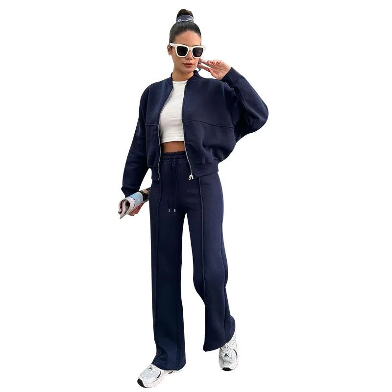 Women's fleece zipper cardigan and straight trousers suit in seven colours, long sleeve, collage stitching, sizes S to XXL