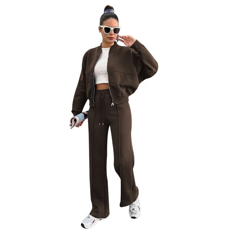 Women's fleece zipper cardigan and straight trousers suit in seven colours, long sleeve, collage stitching, sizes S to XXL