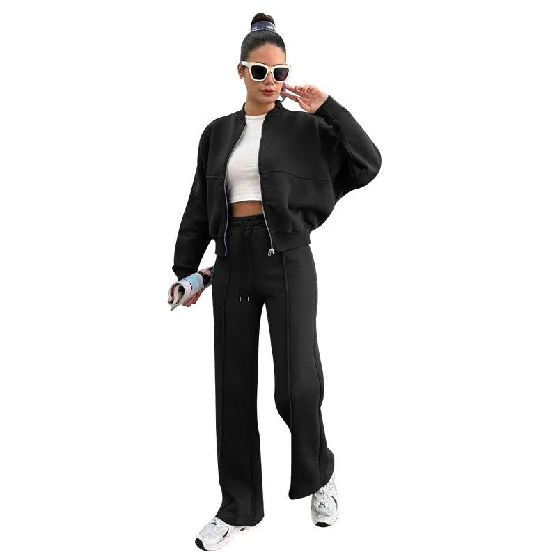Women's fleece zipper cardigan and straight trousers suit in seven colours, long sleeve, collage stitching, sizes S to XXL