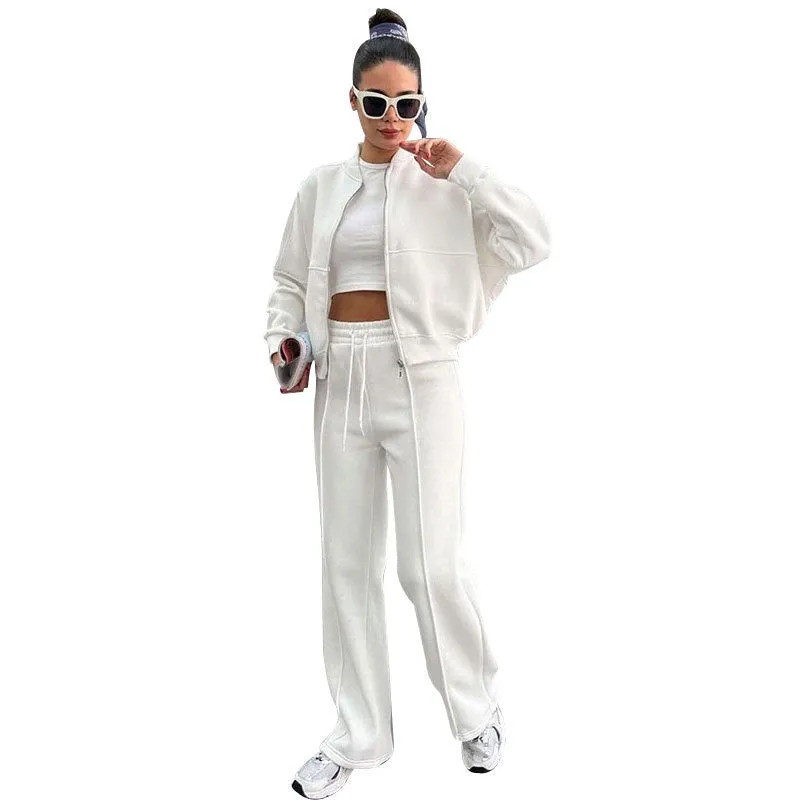 Women's fleece zipper cardigan and straight trousers suit in seven colours, long sleeve, collage stitching, sizes S to XXL