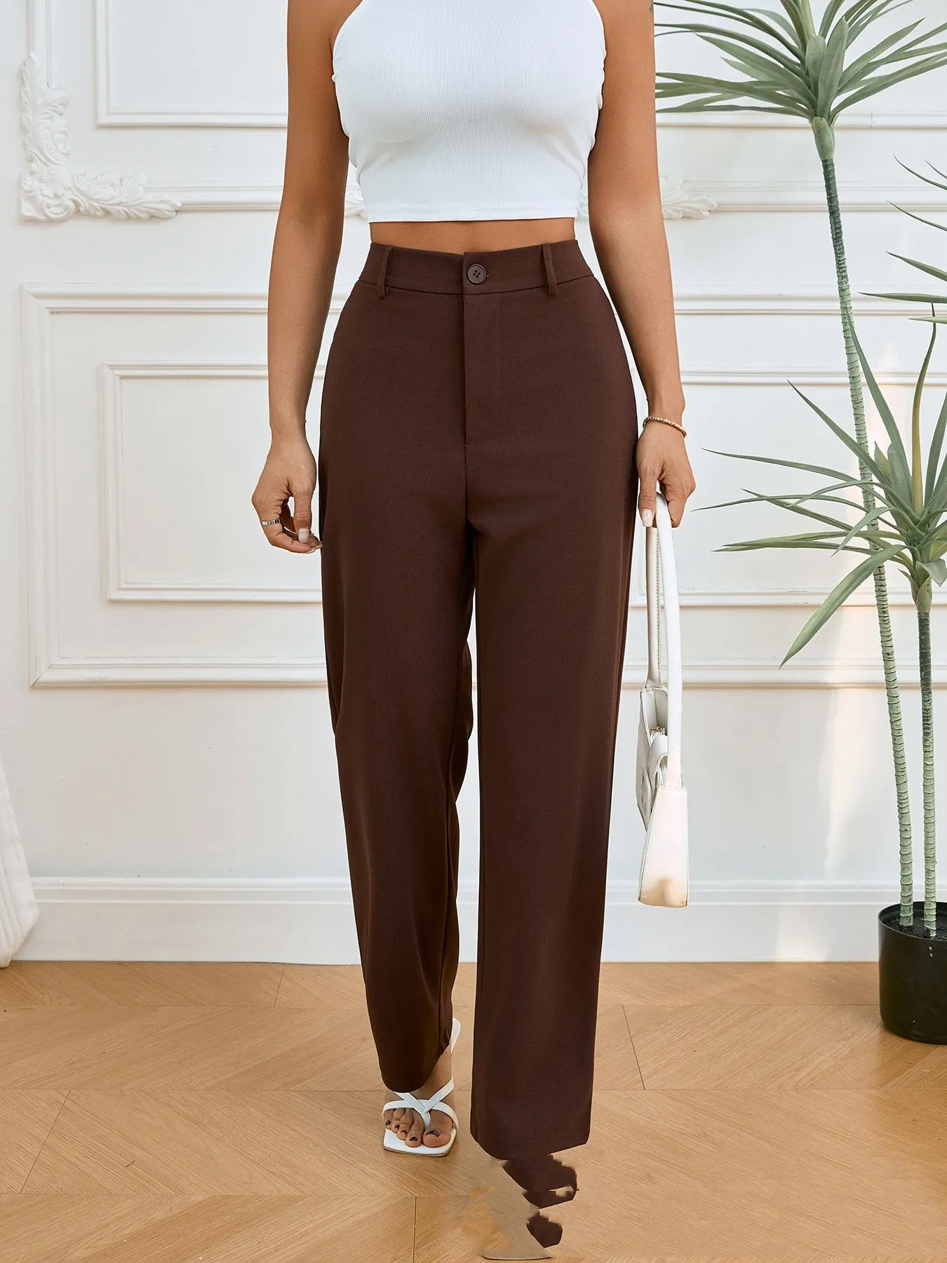 Dark brown women's straight-leg trousers with elastic waist pleated pocket mid-waist design