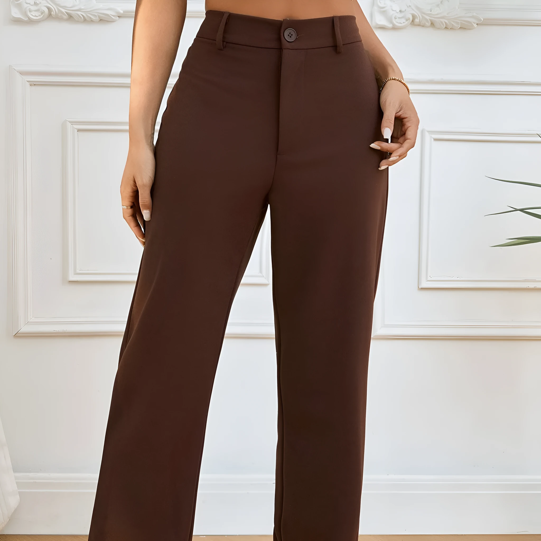 Dark brown women's straight-leg trousers with elastic waist pleated pocket mid-waist design