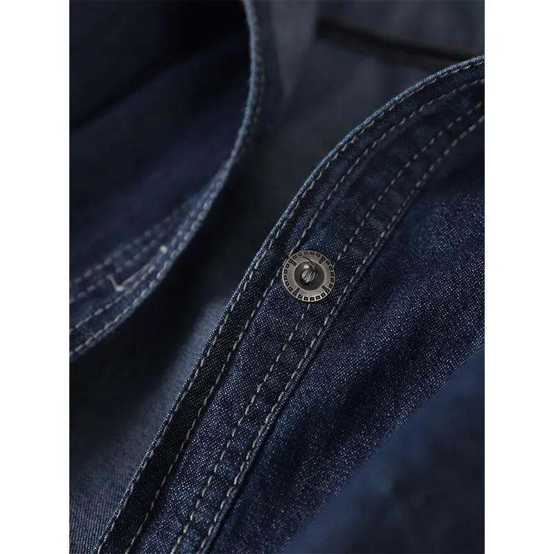 Solid colour hooded denim top in denim blue with large front pocket and long sleeves