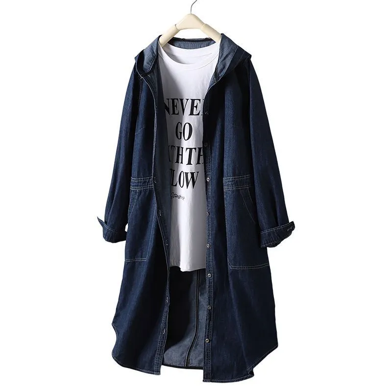 Solid colour hooded denim top in denim blue with large front pocket and long sleeves