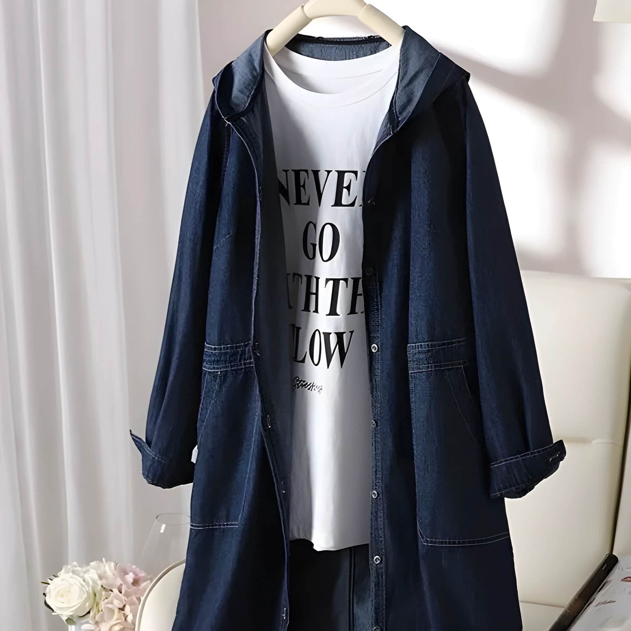 Solid colour hooded denim top in denim blue with large front pocket and long sleeves