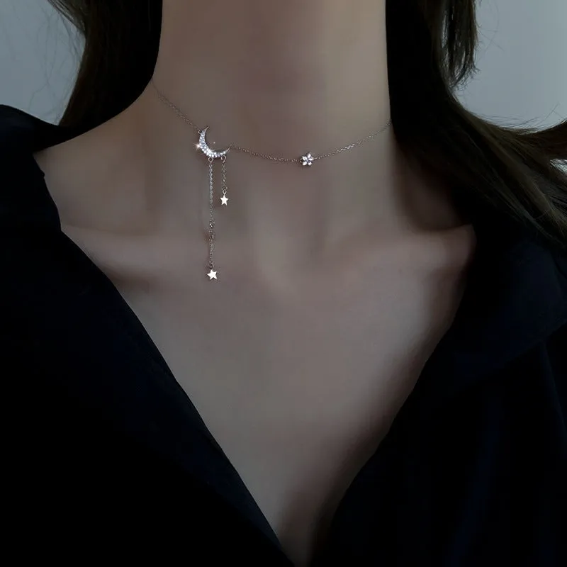 Super Fairy Moon Necklace XINGX tassel star moon pendant copper mixed gem inlay drop shape cross chain silver white
