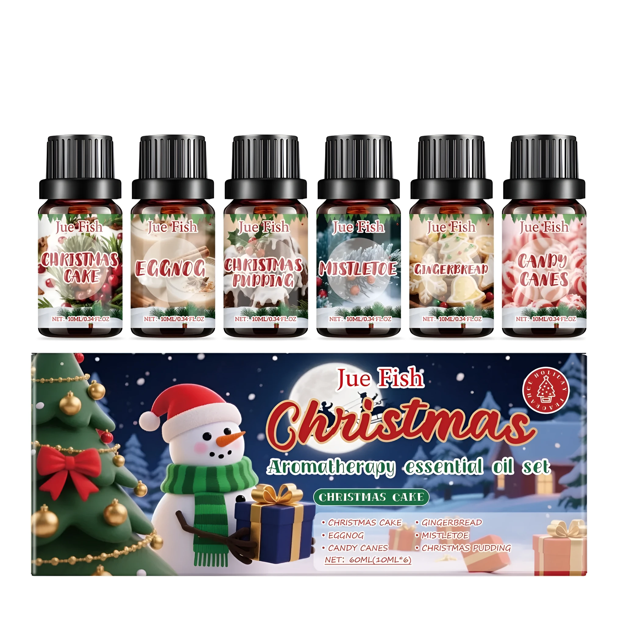 Christmas essential oil set with six 10ml bottles of different holiday fragrances