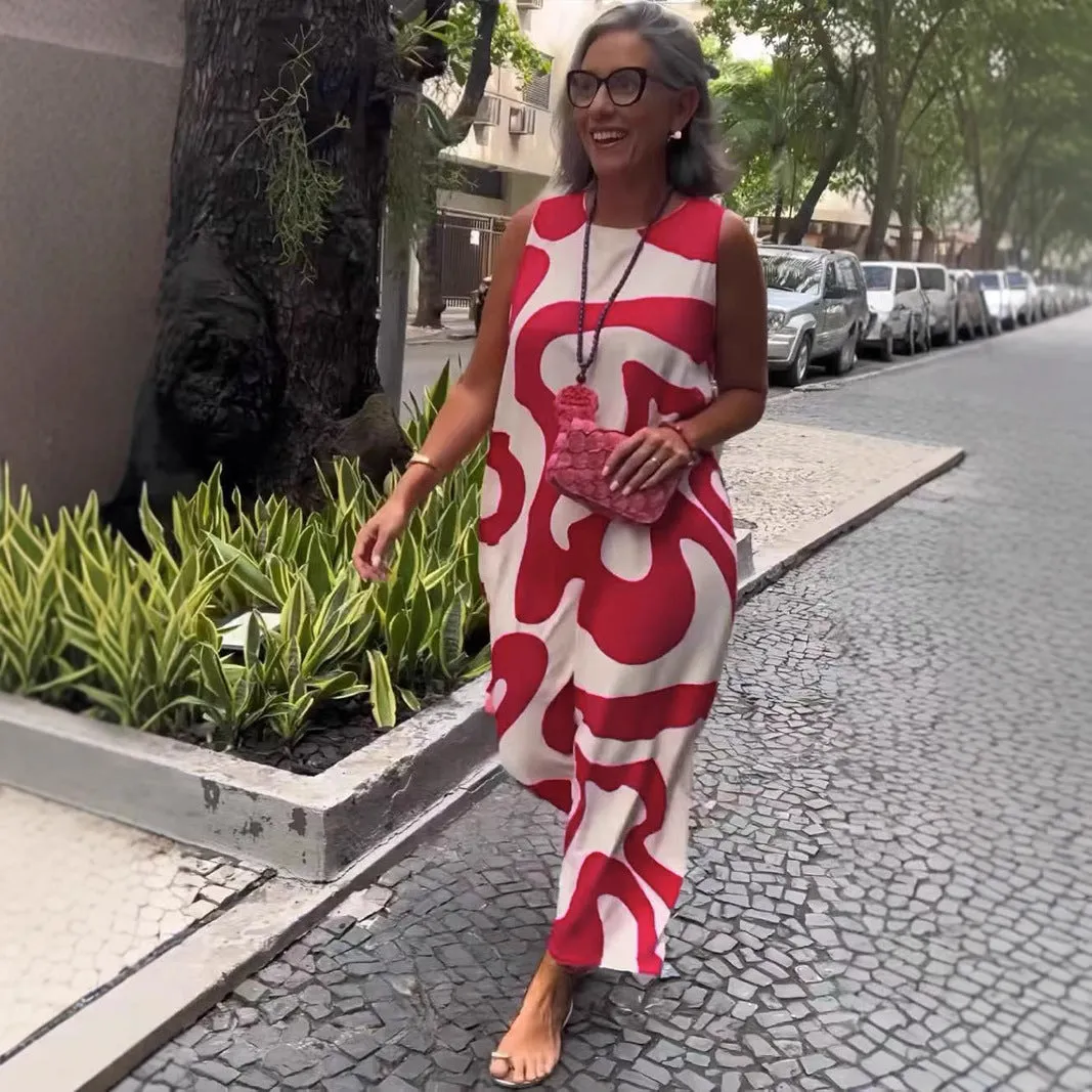 V-neck printed sleeveless dress in Rose Red with abstract pattern and A-line skirt for commuting style
