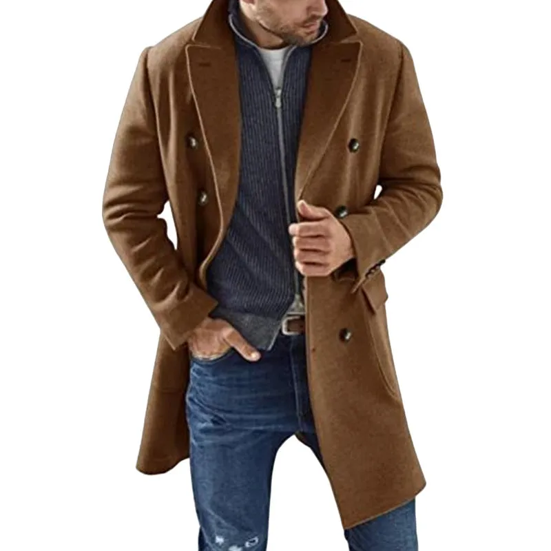 Woolen men's coat warm padded jacket solid colour with polyester lining black camel khaki light grey S to 2XL