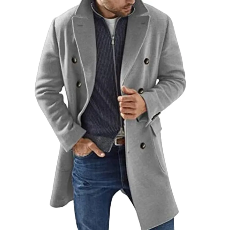Woolen men's coat warm padded jacket solid colour with polyester lining black camel khaki light grey S to 2XL