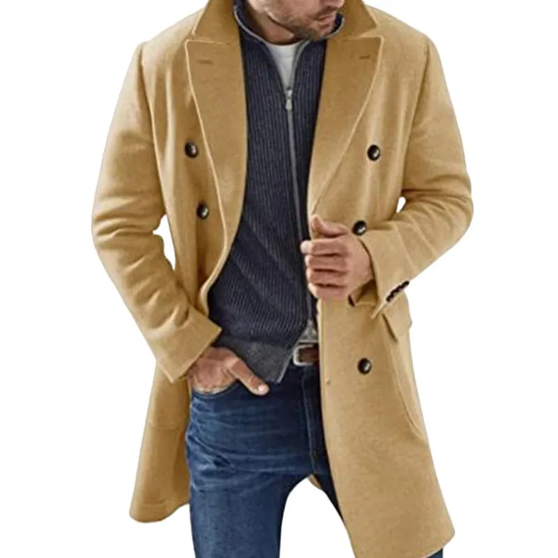 Woolen men's coat warm padded jacket solid colour with polyester lining black camel khaki light grey S to 2XL