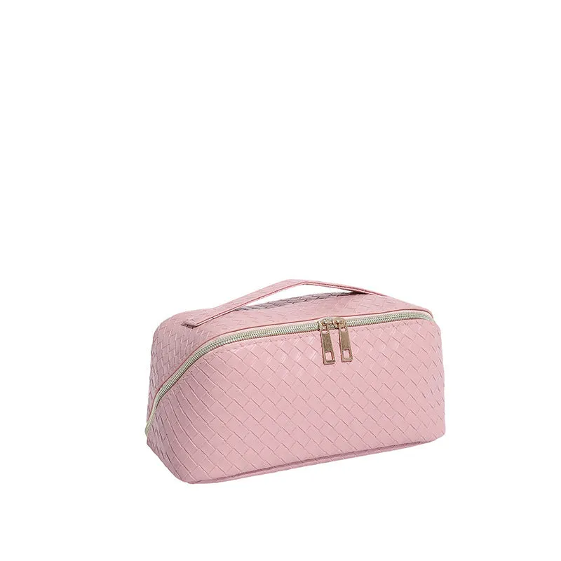 Waterproof large capacity PU storage bag for cosmetics in white, with zipper closure