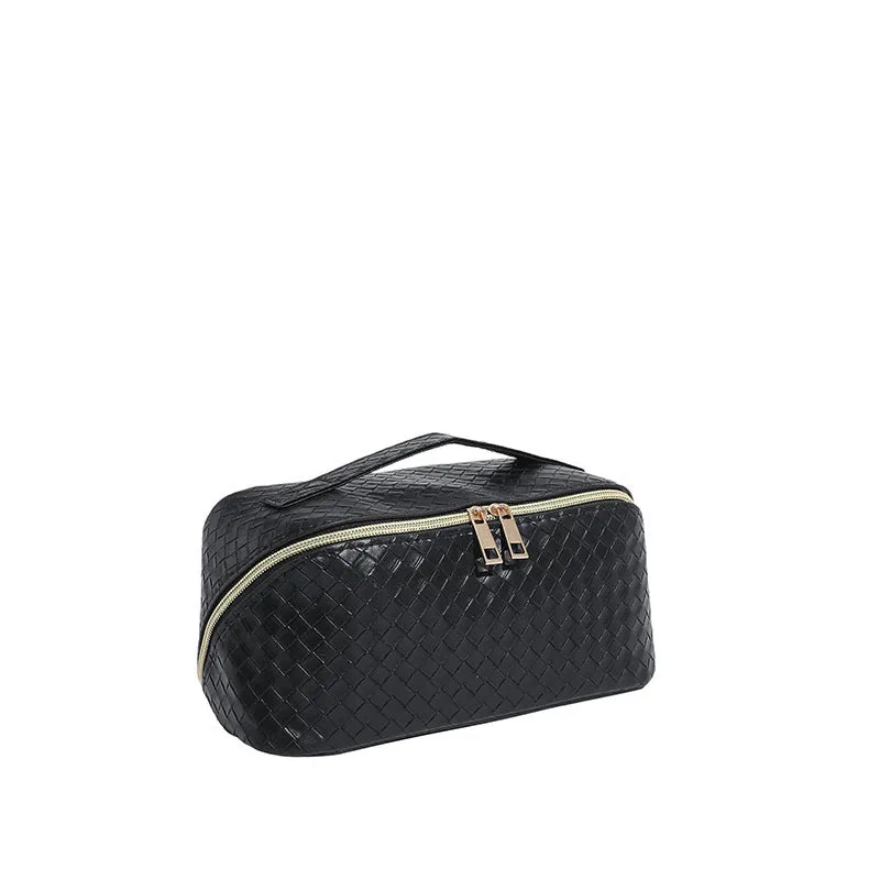 Waterproof large capacity PU storage bag for cosmetics in white, with zipper closure