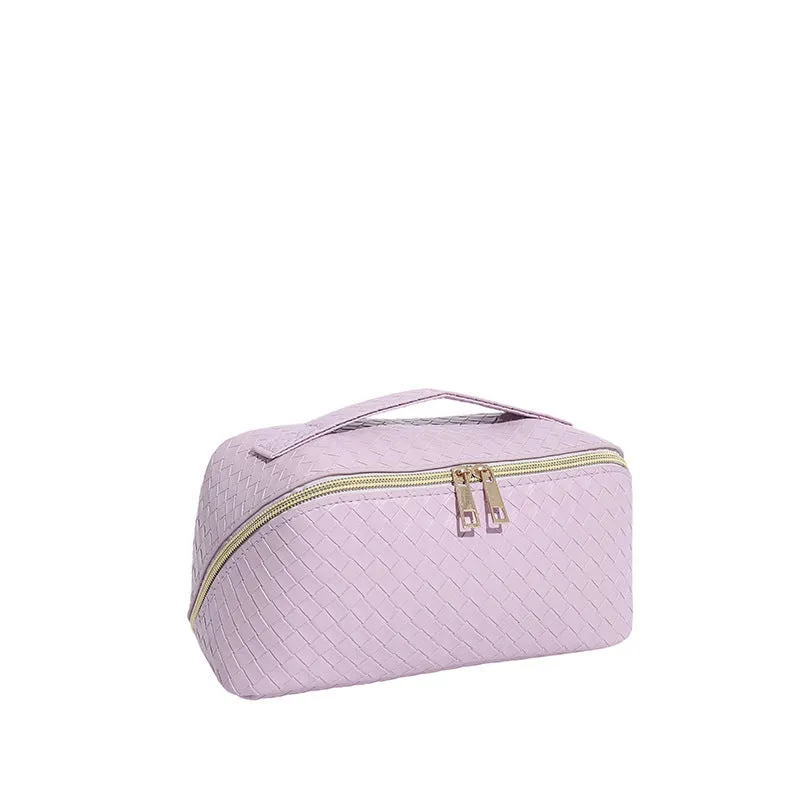 Waterproof large capacity PU storage bag for cosmetics in white, with zipper closure