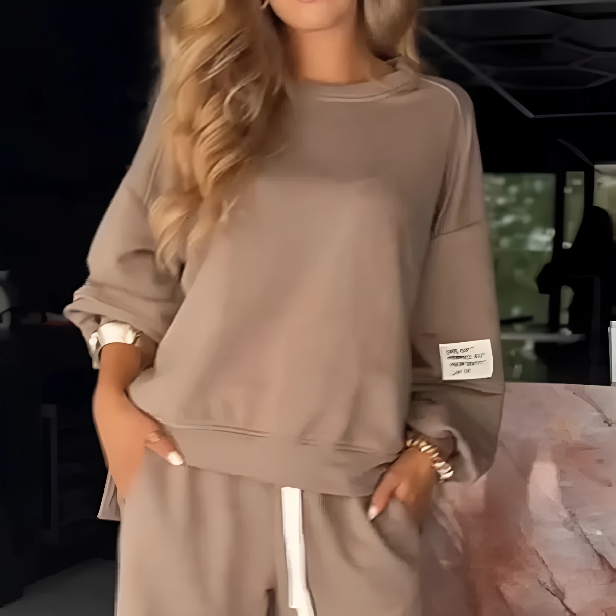 Casual women's wide leg trousers suit set in khaki, including top and wide leg trousers, polyester fabric, S to 5XL Asian sizing